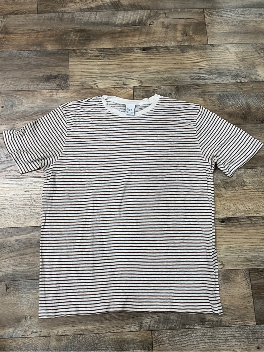 Zara White Tee with Thin Brown Stripes - Short Sleeve
